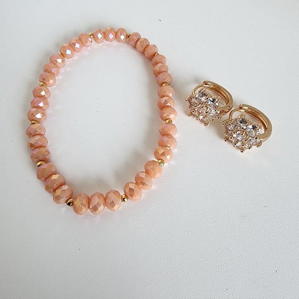 Rose Gold Crystal Bracelet & Earrings Set Peach Beaded Bundle Gift